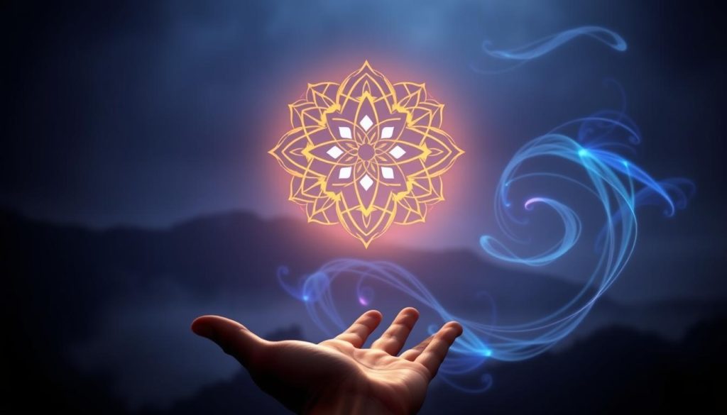 Distance reiki: a comprehensive guide to remote energy healing 2 A serene and mystical scene of remote energy healing symbols. In the foreground, a glowing mandala of interlocking geometric shapes and sacred symbols hovers above an open palm, radiating a warm, ethereal light. In the middle ground, swirling wisps of energy, in shades of blue and purple, converge and intertwine, creating a mesmerizing, hypnotic pattern. The background is shrouded in a soft, mist-like atmosphere, with hints of distant mountains or landscapes, suggesting a sense of transcendence and connection to the wider universe. The lighting is subtle and dramatic, casting deep shadows and highlights to accentuate the mystical, otherworldly qualities of the scene. The overall mood is one of tranquility, mystery, and the power of remote healing.