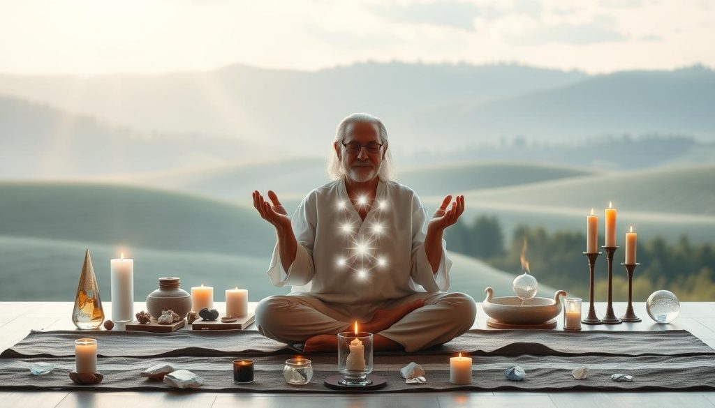 A serene and tranquil scene depicting the qualities of an exceptional reiki master teacher. In the foreground, a wise and compassionate figure sits in a meditative pose, their hands radiating an ethereal energy. The middle ground showcases an array of healing crystals, candles, and other symbolic objects, reflecting the teacher's deep understanding of the reiki practice. The background features a serene landscape, perhaps a rolling meadow or a tranquil forest, conveying a sense of harmony and balance. The lighting is soft and diffused, creating a warm and inviting atmosphere. The overall scene exudes a sense of calmness, wisdom, and a profound connection to the spiritual realm.