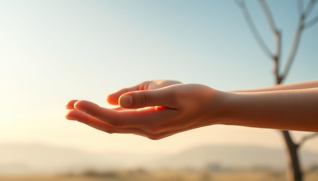 Understanding reiki level 1: self-healing basics 1 A serene and tranquil scene depicting the traditional hand positions used in reiki energy healing. In the foreground, the hands of a reiki practitioner are shown in the classic hand positions, with the fingers gently touching the palms. The hands are bathed in a soft, warm light, emanating a sense of healing energy. The background is a soothing, minimalist landscape, perhaps a tranquil garden or a peaceful natural setting, allowing the focus to remain on the reiki hand positions. The overall atmosphere is one of calmness, balance, and the gentle flow of energy, capturing the essence of reiki and its role in energy medicine.