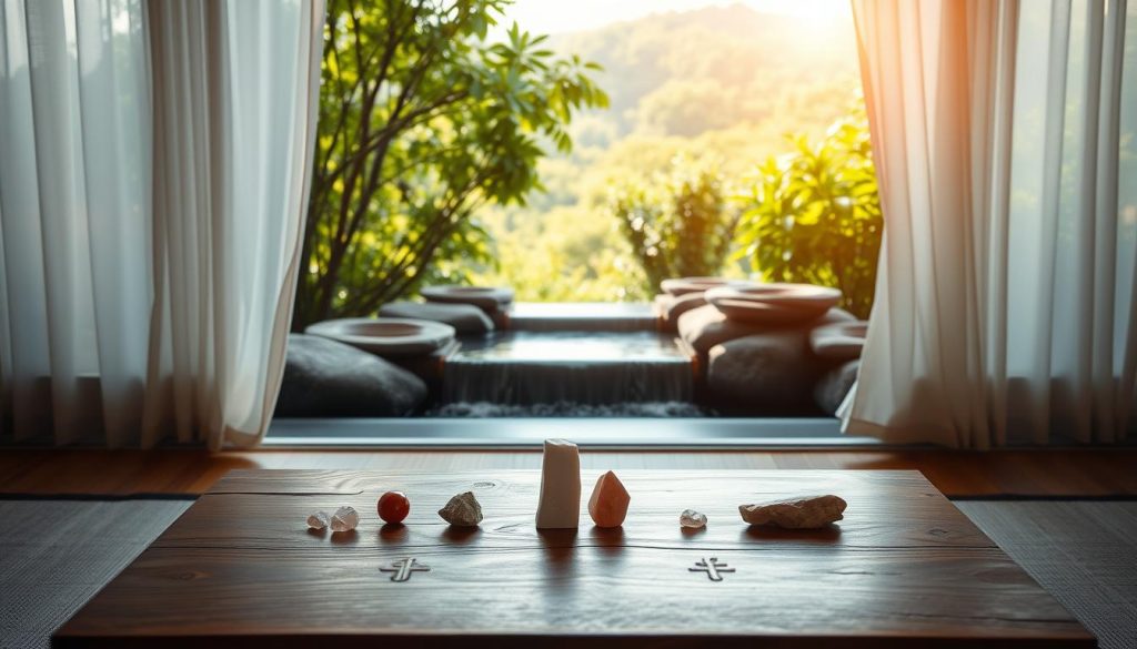A serene and tranquil scene of a peaceful meditation space, with a wooden table in the foreground holding a minimalist array of reiki symbols and crystals. Soft, natural lighting filters through sheer white curtains, casting a warm, ethereal glow. In the middle ground, a calming water feature gently cascades, its soothing sound inviting deep introspection. The background features a serene landscape of lush, verdant foliage, hinting at the interconnectedness of nature and the spiritual realm. The overall mood is one of contemplation, introspection, and the daily practice of reiki's time-honored principles.