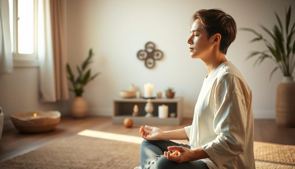 A serene and tranquil scene of a person engaged in a daily energy practice. In the foreground, a person sits in a comfortable lotus position, eyes closed, hands resting gently on their lap. Soft, warm lighting from a nearby window casts a gentle glow, creating a peaceful atmosphere. In the middle ground, a small altar or meditation space, adorned with a reiki master symbol, candles, and other spiritual objects. The background features a minimalist, zen-inspired interior with clean lines and natural textures, conveying a sense of simplicity and focus. The overall mood is one of deep concentration, inner calm, and a connection to the divine.