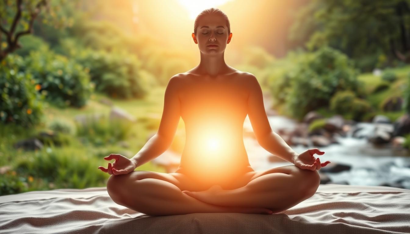 Reiki for emotional healing: managing stress, trauma, and anxiety 1 A serene and tranquil scene of a person performing reiki healing techniques on their sacral chakra. The subject is positioned in a relaxed lotus position, hands gently resting on their lower abdomen, as soft, warm light emanates from their center. The background features a soothing natural landscape, with lush greenery, a gently flowing stream, and an ethereal, golden glow in the sky. The atmosphere conveys a sense of inner harmony, creativity, and emotional balance. The image is captured with a wide-angle lens, creating a sense of expansiveness and calm. Soft, diffused lighting illuminates the scene, highlighting the subject's focused and meditative state.