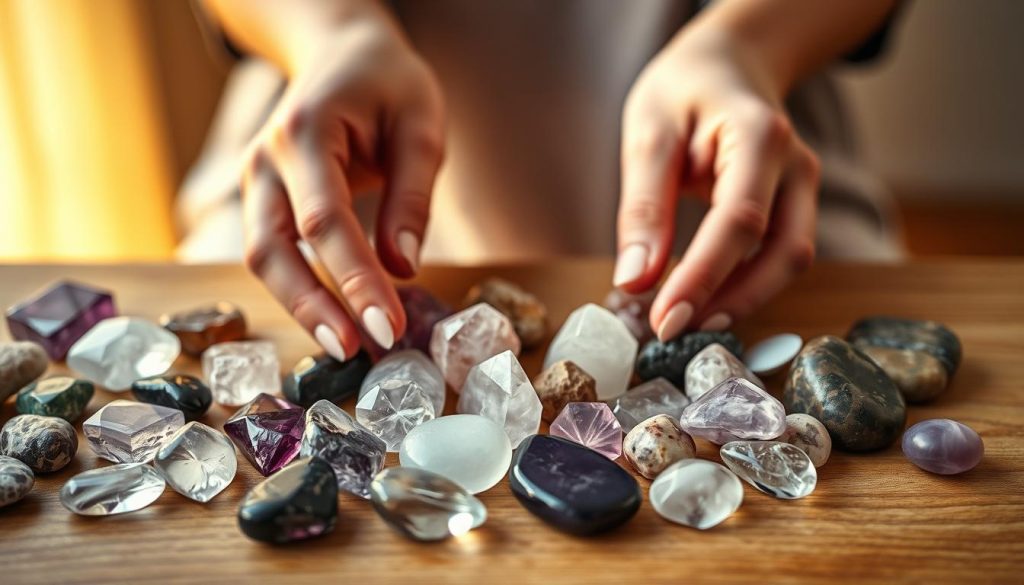A serene, close-up view of a person's hands gently selecting and examining various healing crystals and stones. The foreground features an assortment of different-shaped and colored stones - quartz, amethyst, rose quartz, and others - arranged on a natural wooden surface. The middle ground shows the person's hands carefully picking up and turning over the stones, examining their unique textures and details. The background is softly blurred, creating a calming, meditative atmosphere. Warm, diffused lighting illuminates the scene, casting gentle shadows and highlights on the stones and hands. The overall mood is one of contemplation, focus, and the reverent selection of healing tools. A serene, close-up view of a person's hands gently selecting and examining various healing crystals and stones. The foreground features an assortment of different-shaped and colored stones - quartz, amethyst, rose quartz, and others - arranged on a natural wooden surface. The middle ground shows the person's hands carefully picking up and turning over the stones, examining their unique textures and details. The background is softly blurred, creating a calming, meditative atmosphere. Warm, diffused lighting illuminates the scene, casting gentle shadows and highlights on the stones and hands. The overall mood is one of contemplation, focus, and the reverent selection of healing tools.