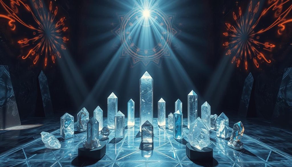 A serene crystal grid set against a backdrop of cosmic energy, with crystals of various shapes and sizes levitating in a harmonious arrangement. Beams of iridescent light emanate from the crystals, casting intricate patterns on the walls of a dimly lit, yet tranquil chamber. The atmosphere is imbued with a sense of balance and healing, as the interplay of science and spirituality is manifested in the ethereal glow and the intricate geometries of the crystalline structures. A serene crystal grid set against a backdrop of cosmic energy, with crystals of various shapes and sizes levitating in a harmonious arrangement. Beams of iridescent light emanate from the crystals, casting intricate patterns on the walls of a dimly lit, yet tranquil chamber. The atmosphere is imbued with a sense of balance and healing, as the interplay of science and spirituality is manifested in the ethereal glow and the intricate geometries of the crystalline structures.
