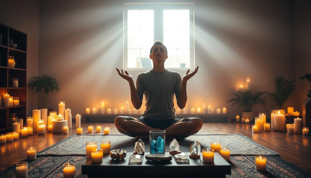 A serene, dimly-lit room filled with the warm glow of candles. In the foreground, a person sits cross-legged, palms upturned, eyes closed in deep meditation. Soft, diffuse lighting from overhead creates a peaceful, contemplative atmosphere. In the middle ground, various reiki symbols and crystals are neatly arranged on a low table, radiating a sense of grounded, healing energy. The background features a large window, allowing natural light to filter in, casting a soft, ethereal ambiance throughout the space. An overall sense of tranquility and connection to the universal life force permeates the scene. A serene, dimly-lit room filled with the warm glow of candles. In the foreground, a person sits cross-legged, palms upturned, eyes closed in deep meditation. Soft, diffuse lighting from overhead creates a peaceful, contemplative atmosphere. In the middle ground, various reiki symbols and crystals are neatly arranged on a low table, radiating a sense of grounded, healing energy. The background features a large window, allowing natural light to filter in, casting a soft, ethereal ambiance throughout the space. An overall sense of tranquility and connection to the universal life force permeates the scene.