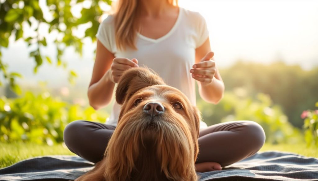 A serene encounter between a human and their animal companion, bathed in the warm glow of reiki energy. In the foreground, a woman sits cross-legged, hands gently placed on the sides of a dog's head as they both exude a sense of deep connection and profound calm. The middle ground reveals a lush, verdant garden setting, with soft, diffused lighting filtering through the leaves. In the background, a distant horizon blends seamlessly with the tranquil atmosphere, creating a sense of harmony and wholeness. The overall mood is one of profound healing, trust, and the extraordinary bond between human and animal.