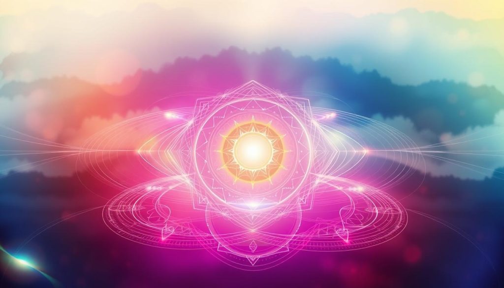 A serene energy field of vibrant hues, with swirling lines of light radiating from a central point. Soft, diffused lighting illuminates the scene, creating a sense of tranquility and inner balance. The central focal point is a glowing orb of pure spiritual energy, surrounded by intricate patterns and geometric shapes that symbolize the harmonious alignment of the body, mind, and soul. The background is a hazy, ethereal landscape, suggesting a state of transcendence and connection with the divine. The overall composition conveys a profound sense of spiritual transformation and the awakening of inner potential.