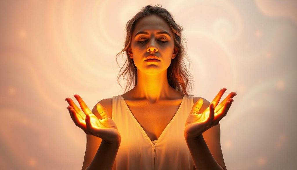 A serene energy field surrounds a woman in a state of deep meditation, her palms glowing with the warm, radiating light of reiki healing. Soft, diffused lighting bathes the scene, creating an atmosphere of tranquility and inner calm. The woman's face is serene, her eyes closed as she focuses her intention on clearing emotional blockages and restoring balance to her energetic body. In the background, a swirling pattern of pastel colors and ethereal shapes symbolizes the subtle, unseen forces at work during the reiki healing process. The entire composition conveys a sense of profound inner transformation and the release of deeply held emotional tension.