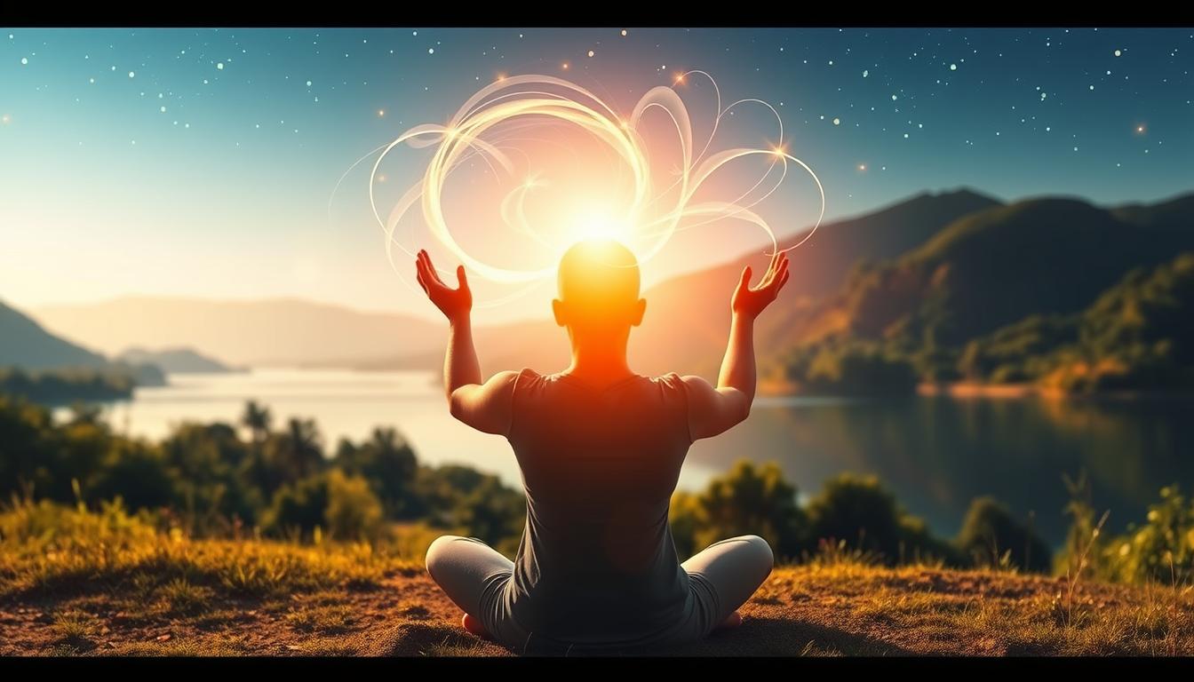 The spiritual transformation of becoming a reiki master 2 A serene, ethereal landscape bathed in soft, warm lighting. In the foreground, a person sits cross-legged, their palms facing upwards in a meditative pose. An aura of vibrant, swirling energy emanates from their hands, like tendrils of light dancing across the scene. The background features a tranquil natural setting, with lush greenery, a calming body of water, and a clear, starry sky. The overall atmosphere conveys a sense of inner peace, harmony, and the rejuvenating power of energy healing for mental wellbeing.