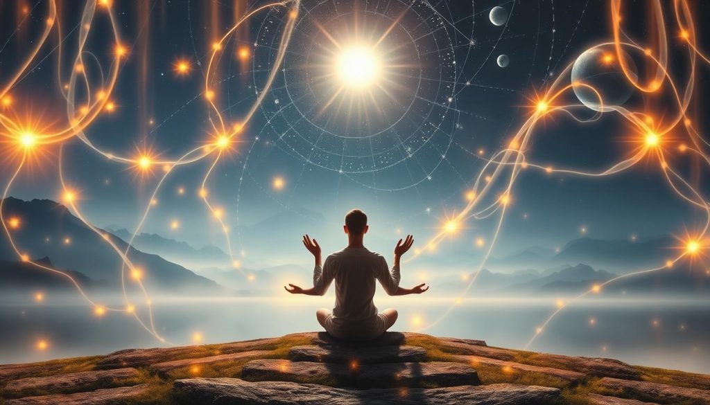 A serene, ethereal landscape with glowing energy fields cascading through the air. In the foreground, a central figure seated in a lotus position, palms upturned, radiating healing light. Surrounding the figure, intricate patterns of swirling energy lines and luminous orbs, reflecting the ancient traditions of reiki. In the middle ground, misty mountains and a tranquil lake, bathed in a warm, golden glow. The background features a starry night sky, with celestial bodies and cosmic energies intertwining, suggesting the timeless, universal nature of this healing practice. Soft, directional lighting creates depth and a sense of mysticism, while a wide-angle lens captures the expansive, spiritual atmosphere.