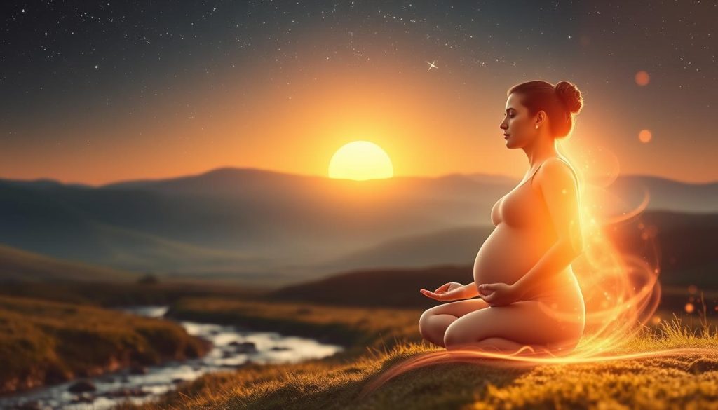 A serene, ethereal scene depicting the delicate balance of maternal energy during pregnancy. In the foreground, a glowing, pregnant woman sits in a meditative pose, her aura radiating a soft, warm light. Surrounding her, delicate wisps of energy swirl and flow, representing the intricate connection between mother and child. The middle ground features a tranquil, sunlit landscape with rolling hills and a peaceful stream, symbolizing the tranquility and harmony of this stage of life. In the background, a starry night sky creates a sense of wonder and mysticism, hinting at the profound spiritual journey of pregnancy. The entire composition is bathed in a soothing, golden glow, conveying a sense of profound harmony and balance. A serene, ethereal scene depicting the delicate balance of maternal energy during pregnancy. In the foreground, a glowing, pregnant woman sits in a meditative pose, her aura radiating a soft, warm light. Surrounding her, delicate wisps of energy swirl and flow, representing the intricate connection between mother and child. The middle ground features a tranquil, sunlit landscape with rolling hills and a peaceful stream, symbolizing the tranquility and harmony of this stage of life. In the background, a starry night sky creates a sense of wonder and mysticism, hinting at the profound spiritual journey of pregnancy. The entire composition is bathed in a soothing, golden glow, conveying a sense of profound harmony and balance.