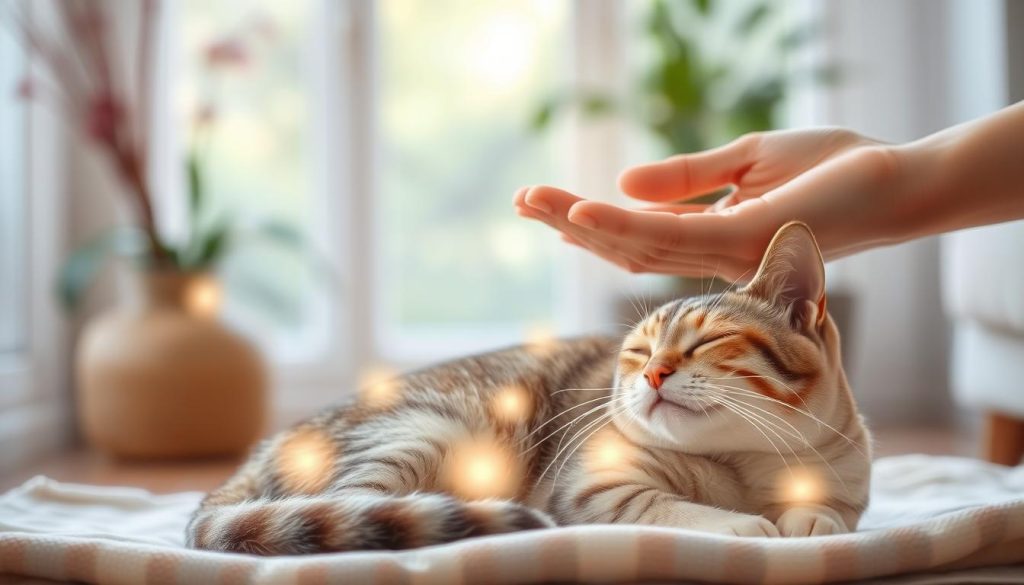 A serene, ethereal scene of reiki energy healing for pets. In the foreground, a cat peacefully rests as a soft, glowing aura surrounds it, radiating healing warmth. The middle ground features a gentle hand gently hovering over the cat, channeling reiki energy. The background depicts a calming, natural setting - perhaps a tranquil garden or a cozy living room - with soft lighting and soothing colors that enhance the meditative atmosphere. The overall composition conveys a sense of harmony, relaxation, and the restorative power of reiki for beloved animal companions.