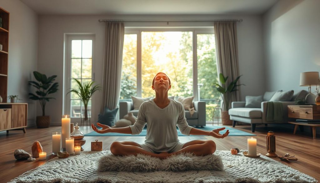 A serene home interior, bathed in warm, natural lighting. In the foreground, a person sits cross-legged on a plush rug, palms upturned, eyes closed in deep meditation. Surrounding them, an array of crystals, candles, and fragrant incense create a calming, sacred ambiance. In the middle ground, a large window overlooks a lush, verdant garden, symbolizing the integration of inner and outer worlds. The background features minimalist, yet elegant furnishings, complementing the tranquil, mindful atmosphere. This harmonious scene captures the essence of "daily energy integration" - a balanced, holistic approach to reiki practice, connecting the physical, mental, and spiritual realms.