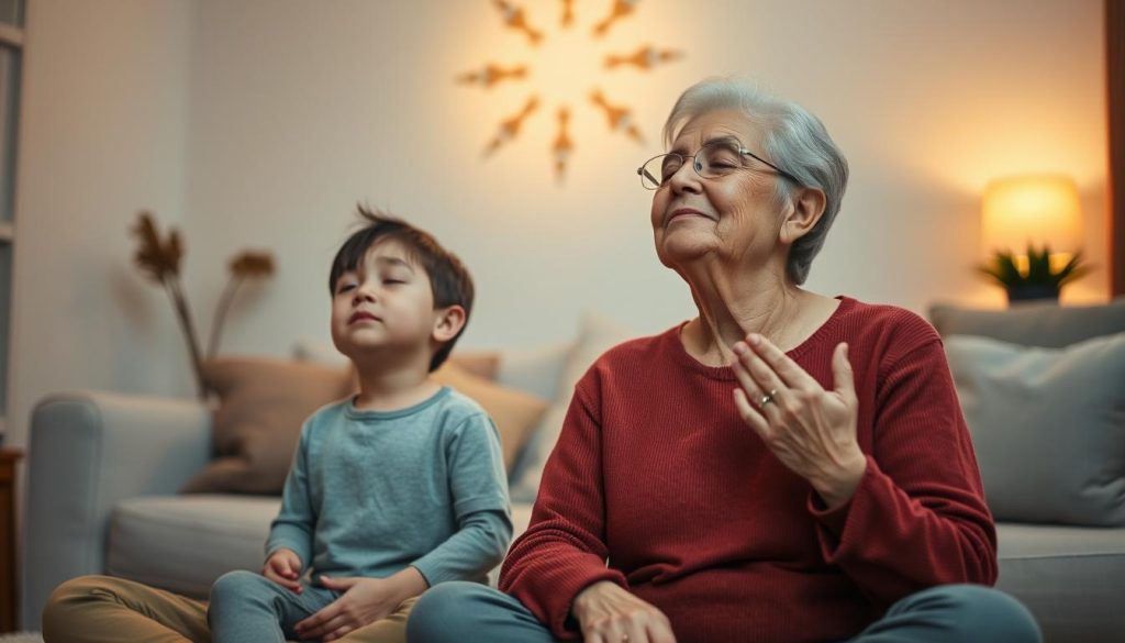 A serene home setting with a child and senior sitting together, their eyes closed in meditation, surrounded by soft lighting and calming reiki symbols. The child's hand rests gently on the senior's arm, while the senior's other hand is placed gently on the child's head. The atmosphere is tranquil, with muted colors and a warm, inviting glow. The camera angle is slightly elevated, capturing the intimate connection between the two figures as they engage in a reiki healing session within the comfort of their own home.