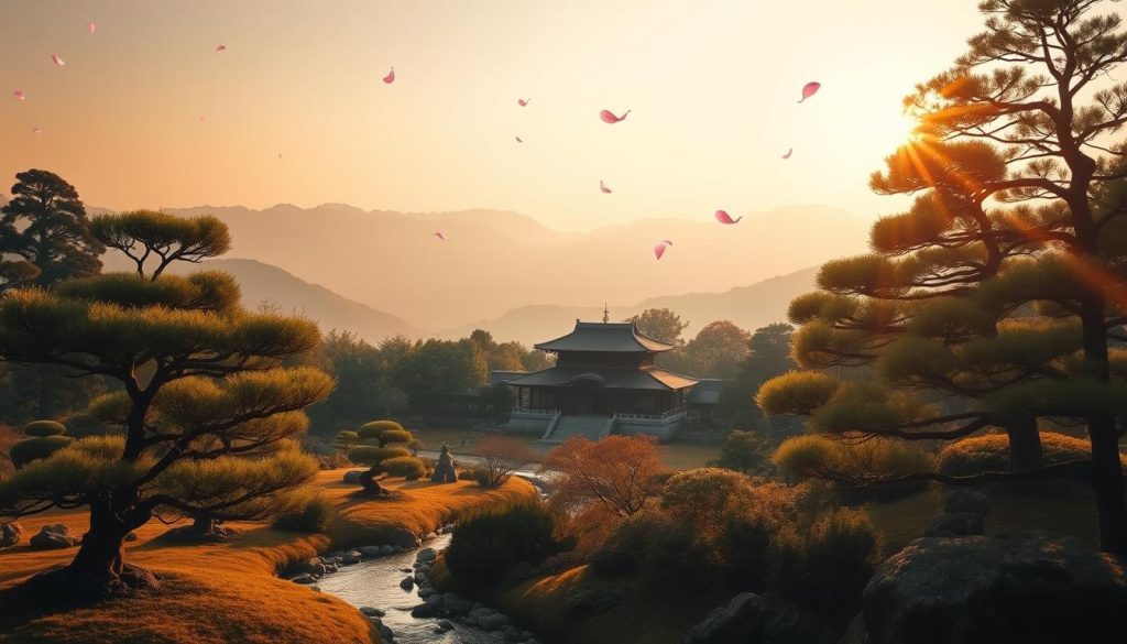 A serene landscape bathed in warm, golden light. In the foreground, a tranquil japanese garden with carefully manicured bonsai trees and a meandering stream. In the middle ground, a traditional wooden temple nestled amidst lush, verdant vegetation. In the background, the silhouettes of majestic mountains against a hazy, atmospheric sky. Subtle spiritual elements, such as floating cherry blossom petals and a faint aura of energy, imbue the scene with a sense of ancient wisdom and mysticism. Captured with a wide-angle lens to convey a sense of depth and grandeur, this image evokes the timeless origins and profound spiritual essence of the usui reiki tradition.