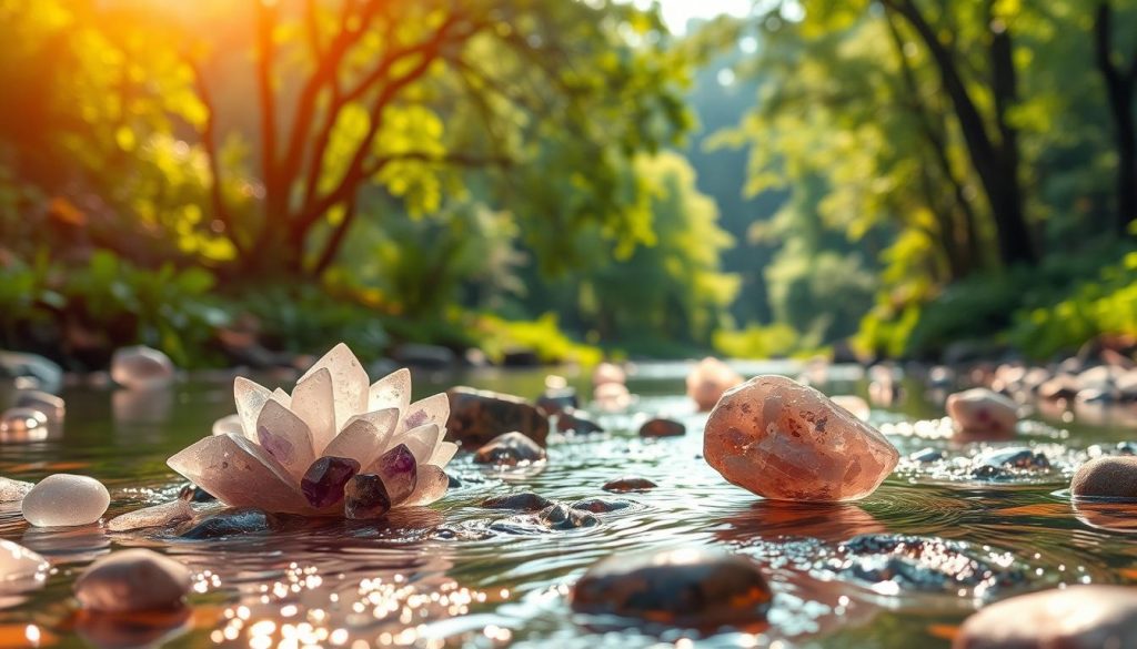 A serene landscape of gently flowing energy stones, bathed in a warm, ethereal light. In the foreground, clusters of polished quartz, amethyst, and rose quartz crystals are arranged in a harmonious pattern, their facets glimmering with an inner luminescence. The middle ground features a tranquil stream, its waters carrying the flow of chi, with the stones seemingly levitating above the surface. In the background, a lush, verdant forest provides a natural backdrop, the trees and foliage casting soft, dappled shadows. The overall atmosphere is one of balance, healing, and a connection to the earth's primal energies, creating a calming and rejuvenating scene. A serene landscape of gently flowing energy stones, bathed in a warm, ethereal light. In the foreground, clusters of polished quartz, amethyst, and rose quartz crystals are arranged in a harmonious pattern, their facets glimmering with an inner luminescence. The middle ground features a tranquil stream, its waters carrying the flow of chi, with the stones seemingly levitating above the surface. In the background, a lush, verdant forest provides a natural backdrop, the trees and foliage casting soft, dappled shadows. The overall atmosphere is one of balance, healing, and a connection to the earth's primal energies, creating a calming and rejuvenating scene.