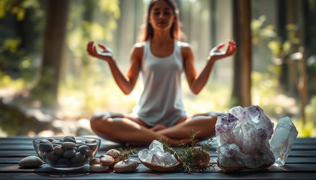 A serene meditation scene, bathed in soft natural light filtering through crystal-clear quartz crystals. In the foreground, a person sits cross-legged, eyes closed, palms upturned, deeply attuned to their inner wellspring of healing energy. The middle ground features an assortment of calming, earthy elements - a bowl of river stones, a sprig of fragrant herbs, and a gently glowing amethyst cluster. The background depicts a tranquil natural setting, perhaps a sunlit forest glade or a peaceful garden, conveying a sense of harmony and wholeness. The overall mood is one of introspection, restoration, and a profound connection to the restorative powers of the natural world. A serene meditation scene, bathed in soft natural light filtering through crystal-clear quartz crystals. In the foreground, a person sits cross-legged, eyes closed, palms upturned, deeply attuned to their inner wellspring of healing energy. The middle ground features an assortment of calming, earthy elements - a bowl of river stones, a sprig of fragrant herbs, and a gently glowing amethyst cluster. The background depicts a tranquil natural setting, perhaps a sunlit forest glade or a peaceful garden, conveying a sense of harmony and wholeness. The overall mood is one of introspection, restoration, and a profound connection to the restorative powers of the natural world.