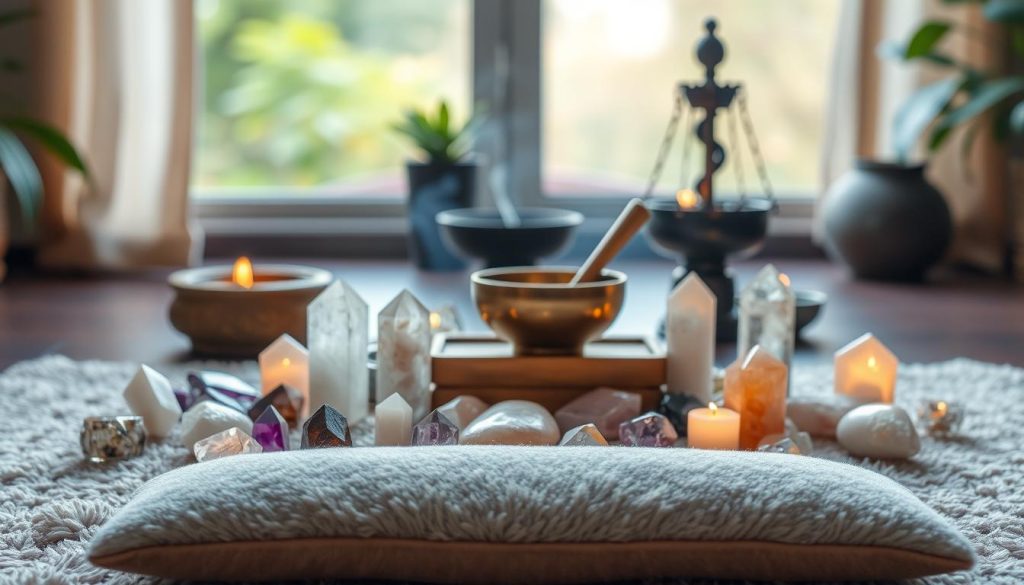 A serene meditation space with healing crystals and tools arranged meticulously. In the foreground, a plush rug and a cushion set the stage for a peaceful practice. Surrounding this, an array of quartz, amethyst, and rose quartz crystals in various shapes and sizes emit a soft, warm glow under the gentle lighting. In the middle ground, a tibetan singing bowl, an incense burner, and a small water fountain create a harmonious atmosphere. The background is blurred, suggesting a tranquil, nature-inspired setting, with hints of greenery and natural textures. The overall mood is one of calm, introspection, and restoration. A serene meditation space with healing crystals and tools arranged meticulously. In the foreground, a plush rug and a cushion set the stage for a peaceful practice. Surrounding this, an array of quartz, amethyst, and rose quartz crystals in various shapes and sizes emit a soft, warm glow under the gentle lighting. In the middle ground, a tibetan singing bowl, an incense burner, and a small water fountain create a harmonious atmosphere. The background is blurred, suggesting a tranquil, nature-inspired setting, with hints of greenery and natural textures. The overall mood is one of calm, introspection, and restoration.