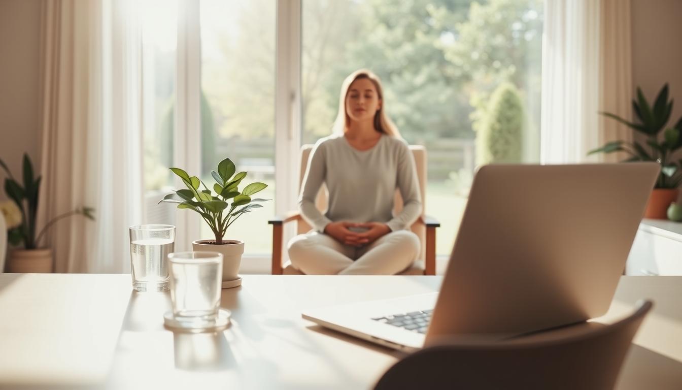 Starting a reiki practice: reiki business development 1 A serene, minimalist home office setting. In the foreground, a desk with a laptop, potted plant, and a glass of water, symbolizing balance and focus. The middle ground features a person sitting in a comfortable chair, hands resting on their lap, eyes closed, embodying mindfulness and inner peace. In the background, a large window overlooking a tranquil, sun-dappled garden, conveying a sense of connection to nature. Soft, warm lighting bathes the scene, creating a calming, inviting atmosphere. The overall composition reflects the integration of reiki principles into daily and work life, radiating an energy of harmony and well-being.