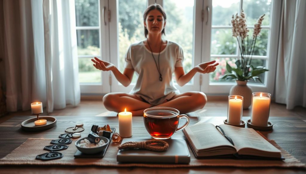 A serene morning ritual unfolds in a sunlit room, the soft glow of candles casting a warm ambiance. In the foreground, a person sits cross-legged, palms upturned, eyes closed in deep meditation, their aura radiating a sense of tranquility. Beside them, an arrangement of reiki symbols, crystals, and a small bowl of water infused with essential oils. In the middle ground, a table holds a cup of herbal tea, a journal, and a reiki-infused object, like a pendant or bracelet. The background depicts a calming natural scene, such as a garden or a window overlooking a peaceful landscape, further enhancing the serene atmosphere. The overall composition conveys a sense of grounding, balance, and a mindful connection to the energy of the present moment.