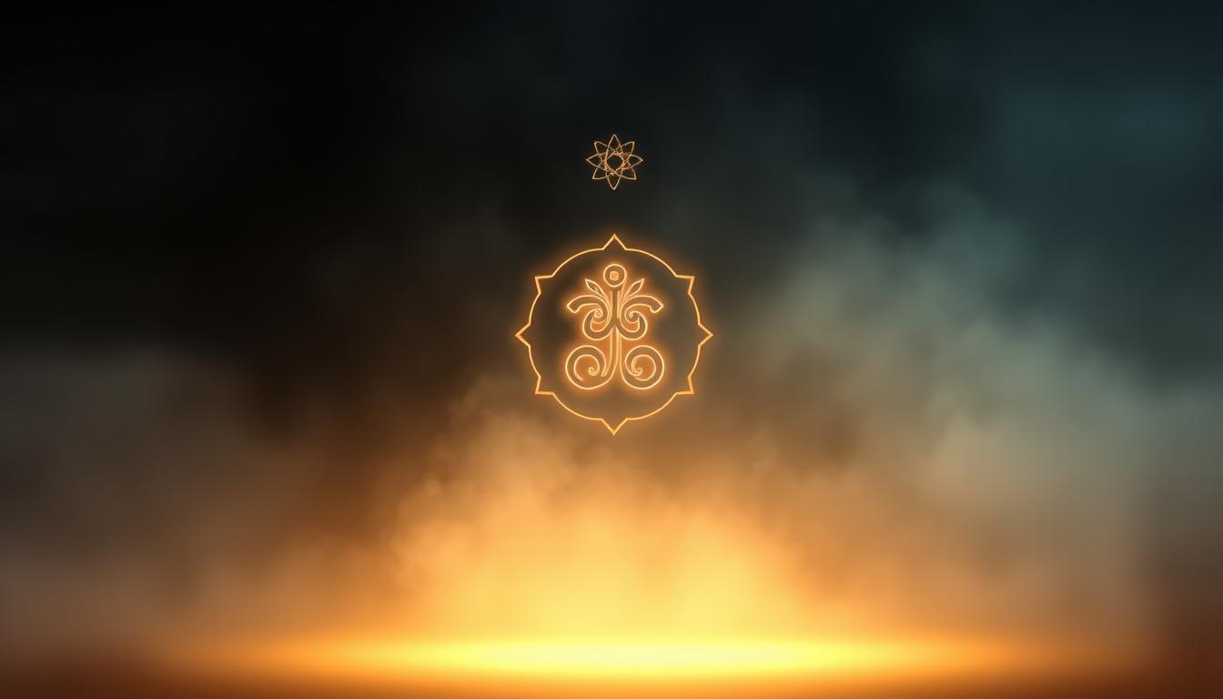 A serene, mystical composition depicting the sacred Reiki Level 2 symbols floating against a dimly lit, ethereal backdrop. The symbols, rendered in intricate detail, glow with a soft, otherworldly luminescence, emanating a sense of profound spiritual energy. The foreground is bathed in a warm, ambient light, while the background fades into a hazy, atmospheric mist, creating a sense of depth and mystery. The overall tone is one of profound tranquility and sacred contemplation, inviting the viewer to meditate on the deeper mysteries of Reiki practice.