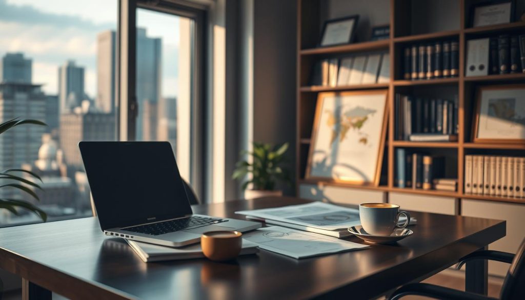 A serene office setting, with a large window overlooking a cityscape. Warm, indirect lighting casts a soft glow on a neatly organized desk, where a laptop, a stack of legal documents, and a cup of tea create a sense of thoughtful, professional contemplation. In the background, shelves filled with books and a few framed certificates or diplomas suggest a knowledgeable and experienced practitioner, well-versed in the legal and ethical considerations of their energy work. The overall atmosphere conveys a sense of tranquility, competence, and a commitment to upholding the highest standards of practice.