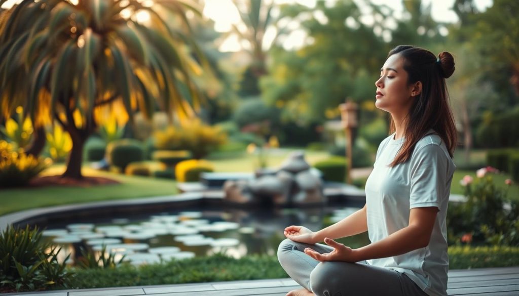 A serene outdoor scene with a person practicing relaxation techniques. In the foreground, a person sits cross-legged, their eyes closed, hands resting gently on their lap, practicing deep breathing exercises. The middle ground features a lush, verdant garden with swaying trees and a tranquil pond, reflecting the calming atmosphere. In the background, soft, diffused lighting creates a warm, soothing ambiance, evoking a sense of peace and tranquility. The overall composition emphasizes the connection between mind, body, and nature, showcasing effective anxiety reduction techniques. A serene outdoor scene with a person practicing relaxation techniques. In the foreground, a person sits cross-legged, their eyes closed, hands resting gently on their lap, practicing deep breathing exercises. The middle ground features a lush, verdant garden with swaying trees and a tranquil pond, reflecting the calming atmosphere. In the background, soft, diffused lighting creates a warm, soothing ambiance, evoking a sense of peace and tranquility. The overall composition emphasizes the connection between mind, body, and nature, showcasing effective anxiety reduction techniques.
