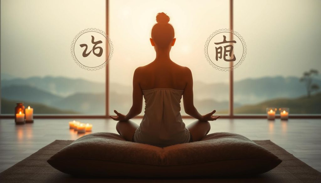 A serene, softly-lit meditation room with a peaceful ambiance. In the foreground, a person sits cross-legged on a plush meditation cushion, their hands resting gently on their lap as they focus inwardly. Soft ambient lighting from candles and a glowing aura surrounds the figure, conveying a sense of tranquility and inner healing. In the middle ground, mystical reiki symbols float in the air, emanating a gentle energy. The background features a minimalist, calming landscape of rolling hills or a zen garden, capturing the essence of the reiki healing practice. A serene, softly-lit meditation room with a peaceful ambiance. In the foreground, a person sits cross-legged on a plush meditation cushion, their hands resting gently on their lap as they focus inwardly. Soft ambient lighting from candles and a glowing aura surrounds the figure, conveying a sense of tranquility and inner healing. In the middle ground, mystical reiki symbols float in the air, emanating a gentle energy. The background features a minimalist, calming landscape of rolling hills or a zen garden, capturing the essence of the reiki healing practice.