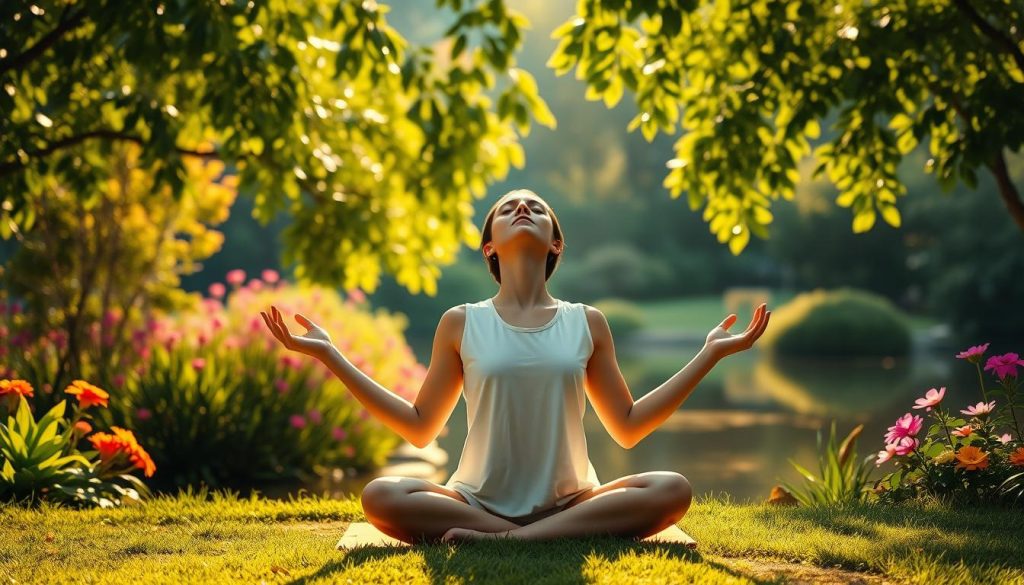 A serene, dimly lit indoor space, with natural light filtering through a window, illuminating a pair of hands placed in traditional reiki healing positions over a person's chakras. The hands are delicate yet purposeful, emanating a subtle glow. The person receiving the treatment is lying on a simple, comfortable surface, their eyes closed, expression calm and receptive. The overall mood is one of tranquility, focus, and the exchange of healing energy. The scene is captured from a slightly elevated angle, allowing the viewer to observe the ritual without intruding on the intimate moment. A serene, sun-dappled garden setting, with a focal point of a person sitting in a lotus position, palms upturned, eyes closed in deep meditation. The background features a harmonious blend of lush greenery, vibrant flowers, and a tranquil pond reflecting the sky. Warm, golden light filters through the leaves, creating a sense of peaceful energy. Soft, diffuse lighting illuminates the figure, emphasizing the graceful poses and hand gestures that symbolize the principles of reiki and the law of attraction. The overall composition conveys a sense of inner focus, balance, and the manifestation of personal goals through mindful practices.