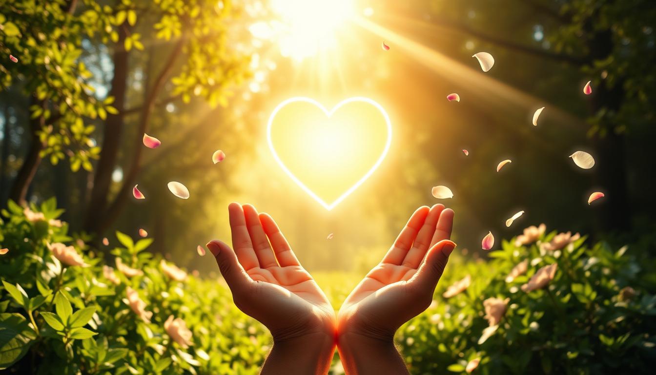 A serene, sun-dappled landscape with a glowing, heart-shaped portal in the center, radiating warmth and unconditional love. Soft, ethereal light filters through the portal, bathing the scene in a gentle, healing glow. Lush, verdant foliage surrounds the portal, symbolizing the nurturing, life-affirming power of the heart chakra. Delicate flower petals float weightlessly, carried on a soothing breeze, adding to the tranquil, restorative atmosphere. In the foreground, a pair of cupped hands emerge, palms facing outward, offering a gesture of compassion and openness. The overall composition evokes a sense of inner peace, spiritual renewal, and the transformative potential of the heart's center.