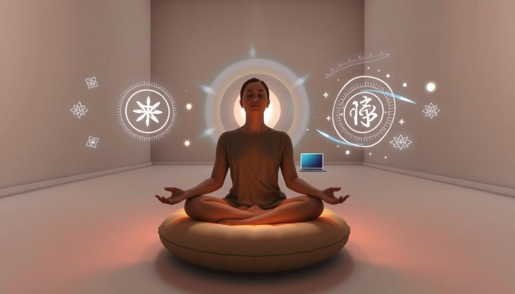 A serene virtual space, with a glowing light emanating from a central meditation cushion. In the foreground, a person sits cross-legged, hands resting gently in lap, eyes closed, deep in contemplation. Soft, diffused lighting bathes the scene, creating a calming atmosphere. In the middle ground, holographic projections of reiki symbols and energy flows swirl and pulsate, visualizing the remote connection and energy transfer. The background depicts a minimalist, zen-inspired environment, with clean lines and muted tones, allowing the focus to remain on the central practice. Subtle hints of technology, such as a laptop or tablet, suggest the online nature of this reiki session. The overall impression is one of tranquility, focus, and the seamless integration of digital and spiritual realms.