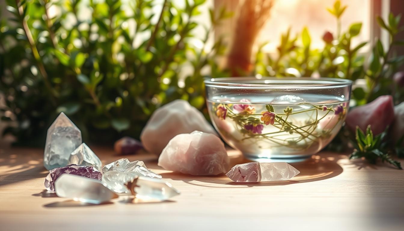 A serene, well-lit scene showcasing various natural crystal cleansing methods. In the foreground, a collection of quartz, amethyst, and rose quartz crystals are arranged on a wooden surface, bathed in soft, diffused light. In the middle ground, a bowl of water infused with herbs and flowers, ready for crystal immersion. In the background, a lush, verdant plant backdrop, creating a calming, nature-inspired atmosphere. The lighting is warm and inviting, highlighting the natural beauty and energetic properties of the crystals. A sense of tranquility and ritual permeates the scene, inviting the viewer to engage in the process of crystal cleansing and energetic recharge.