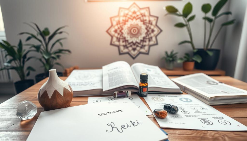 A serene, well-lit space with an assortment of reiki training resources strategically placed on a wooden table. In the foreground, a quartz crystal, a calming essential oil diffuser, and a journal with handwritten notes. The middle ground features several reiki symbol diagrams, a book on reiki history and techniques, and a set of chakra balancing stones. The background showcases a wall-mounted mandala artwork and a few potted plants, creating a tranquil and meditative atmosphere. Soft, natural lighting filters through a nearby window, casting a warm glow over the scene. A serene, well-lit space with an assortment of reiki training resources strategically placed on a wooden table. In the foreground, a quartz crystal, a calming essential oil diffuser, and a journal with handwritten notes. The middle ground features several reiki symbol diagrams, a book on reiki history and techniques, and a set of chakra balancing stones. The background showcases a wall-mounted mandala artwork and a few potted plants, creating a tranquil and meditative atmosphere. Soft, natural lighting filters through a nearby window, casting a warm glow over the scene.
