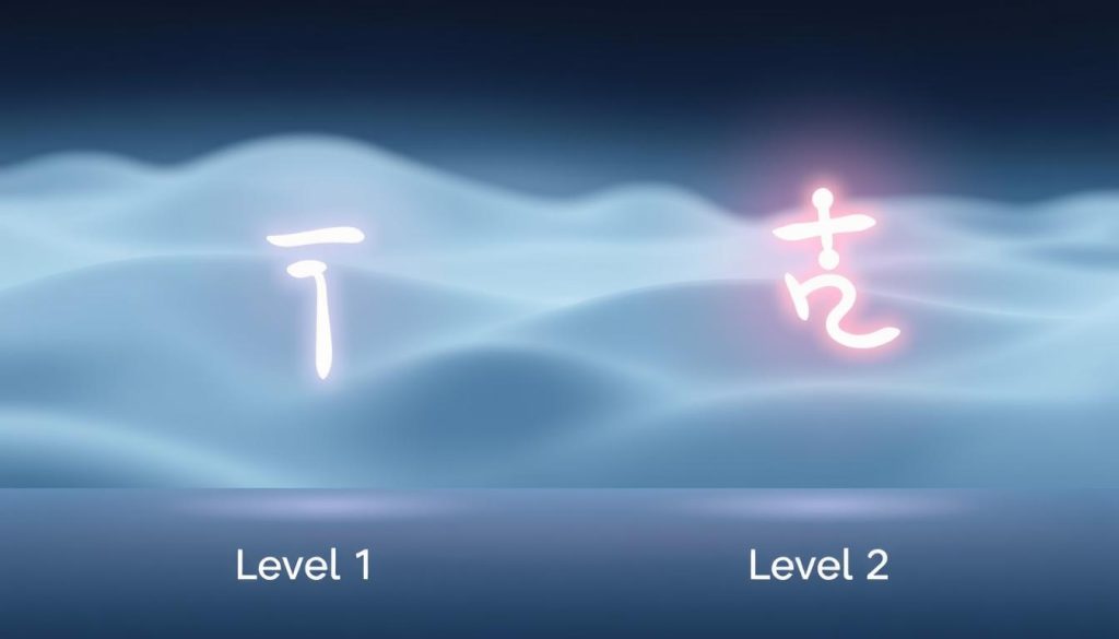 A side-by-side comparison of reiki healing energy levels 1 and 2, presented in a clean, minimalist style. In the foreground, two glowing reiki symbols float, one representing level 1 and the other level 2, illuminating the key differences between the two. The middle ground features a serene, ethereal landscape with soft, diffused lighting, evoking a sense of tranquility and spiritual awakening. The background blends seamlessly, with a subtle gradient emphasizing the contrast and progression from level 1 to level 2. The overall composition is balanced, with a focus on highlighting the distinct energetic qualities of each reiki level through elegant, symbolic representation.