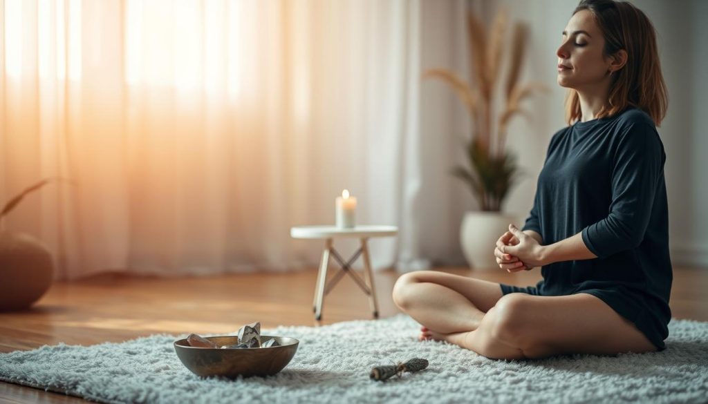 A tranquil and serene scene of a person preparing for a reiki attunement. In the foreground, a person sits cross-legged on a plush rug, their eyes closed in deep meditation, palms resting gently on their lap. The middle ground features the accoutrements of a reiki session - a small table with a lit candle, a bowl of crystals, and a few sprigs of sage. The background is softly blurred, depicting a peaceful, minimalist room bathed in warm, natural light filtering through sheer curtains. The overall atmosphere is one of calm, introspection, and a reverent anticipation of the reiki attunement.
