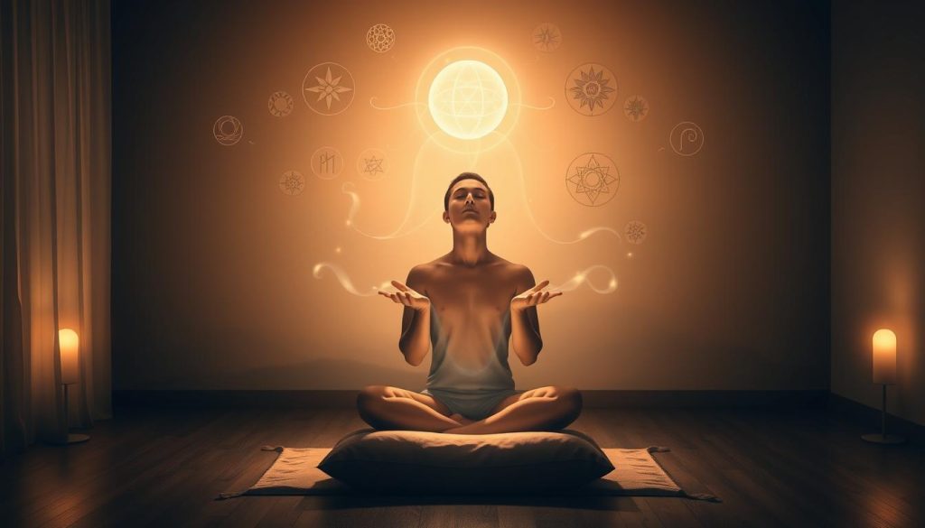 A tranquil, dimly lit room with soothing ambient lighting. In the center, a person sits cross-legged on a cushion, eyes closed in deep meditation. Wisps of energy emanate from their palms, coalescing into a glowing sphere that hovers above their hands. Surrounding them, symbols and sigils float in the air, pulsing with a subtle, otherworldly radiance. The background is a hazy, ethereal landscape, suggesting a realm beyond the physical. The overall atmosphere is one of profound spiritual connection, inviting the viewer to feel the transformative power of the reiki attunement process. A tranquil, dimly lit room with soothing ambient lighting. In the center, a person sits cross-legged on a cushion, eyes closed in deep meditation. Wisps of energy emanate from their palms, coalescing into a glowing sphere that hovers above their hands. Surrounding them, symbols and sigils float in the air, pulsing with a subtle, otherworldly radiance. The background is a hazy, ethereal landscape, suggesting a realm beyond the physical. The overall atmosphere is one of profound spiritual connection, inviting the viewer to feel the transformative power of the reiki attunement process.