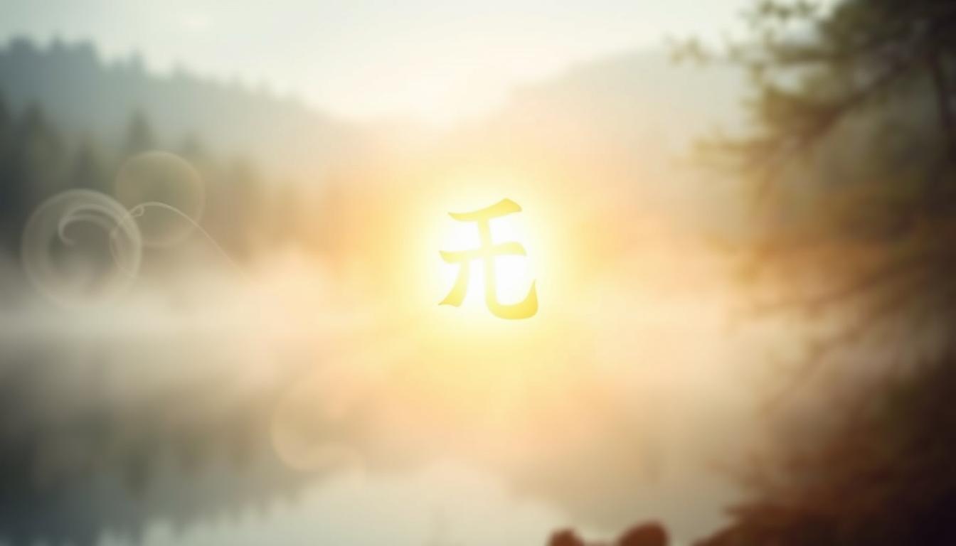 The spiritual transformation of becoming a reiki master 1 A tranquil, ethereal scene depicting the profound meaning of dai ko myo, the reiki master symbol known as the "great shining light". In the center, a radiant golden light emanates from a hazy, indistinct source, casting a warm glow across the serene landscape. Delicate wisps of mist swirl around the light, creating a sense of mystery and spiritual energy. The background is a softly blurred, natural setting - perhaps a clearing in a forest or a tranquil lakeside - conveying a sense of harmony and otherworldliness. The entire composition is bathed in a celestial, almost mystical atmosphere, inviting the viewer to meditate on the deeper significance of this powerful reiki symbol.