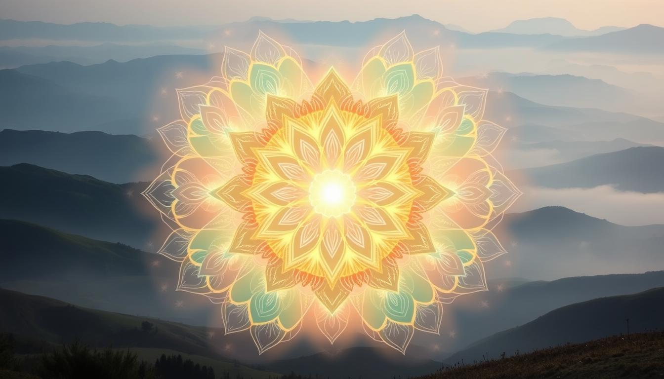 A tranquil, heart-shaped mandala composed of soft, pastel-hued energy fields and intricate floral patterns. The mandala is illuminated by a warm, golden glow emanating from the center, symbolizing the radiant power of the heart chakra. The background is a serene, misty landscape with rolling hills and a distant horizon, creating a sense of depth and expansiveness. The overall tone is one of inner peace, balance, and spiritual healing.