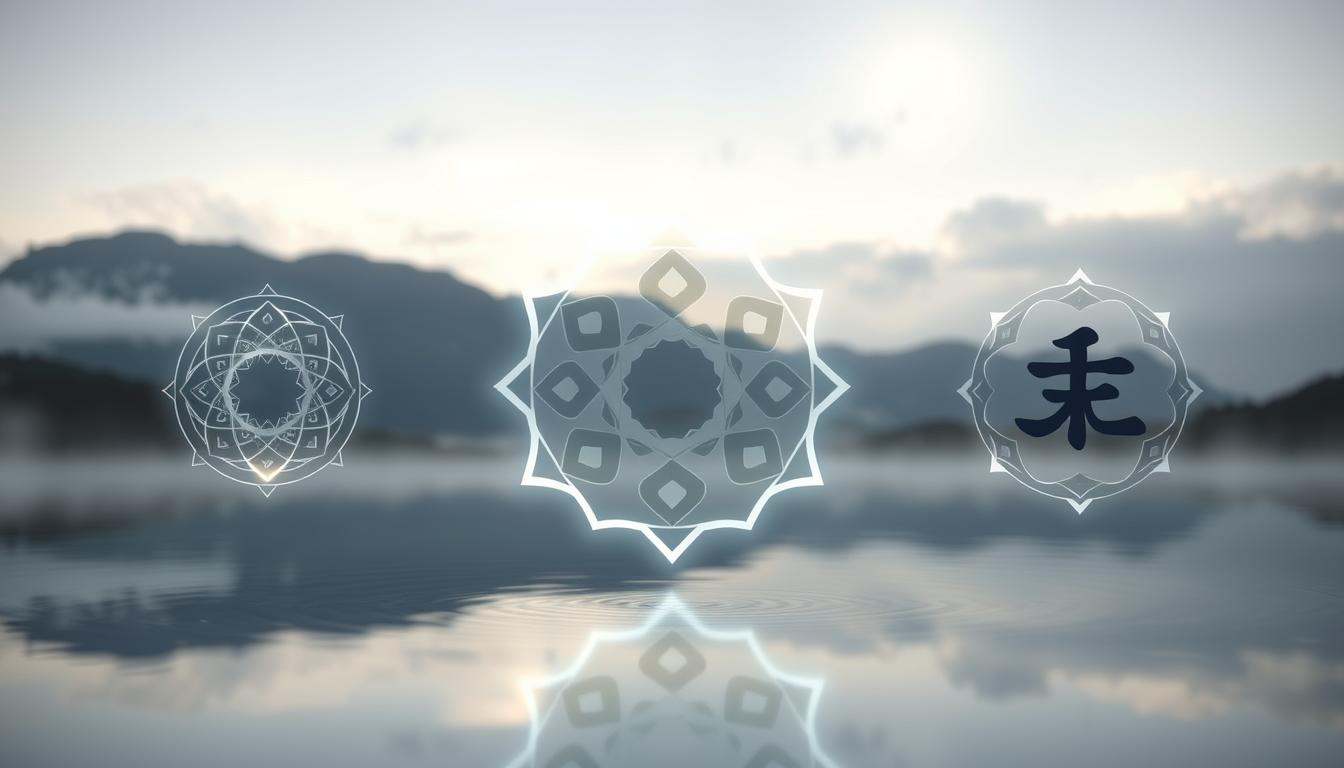 Reiki for emotional healing: managing stress, trauma, and anxiety 3 A tranquil, meditative scene depicting the core usui reiki symbols. In the foreground, the three main symbols - the power, harmony, and distant healing symbols - float serenely, their intricate designs shimmering with a soft, ethereal glow. Behind them, a serene landscape unfolds, with a misty, mountain backdrop and a serene pool of water reflecting the symbols. The lighting is soft and diffused, creating a calming, contemplative atmosphere. The overall composition suggests the profound spiritual significance and harmonious energy of the usui reiki system, as taught by its renowned masters.