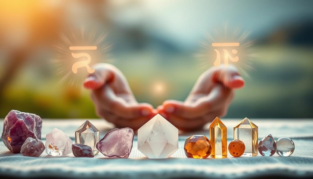 Distance reiki: a comprehensive guide to remote energy healing 3 A tranquil reiki session scene, bathed in soft, warm lighting. In the foreground, an array of crystals - amethyst, rose quartz, and citrine - aligned in a harmonious arrangement. Overlaying the crystals, ethereal reiki symbols float and shimmer, emanating a calming energy. In the middle ground, a pair of hands, palms gently touching, channeling the flow of universal life force. The background is a serene, out-of-focus landscape, evoking a sense of connection to nature and the divine. The overall atmosphere is one of peaceful tranquility, inviting the viewer to experience the restorative power of energy healing.