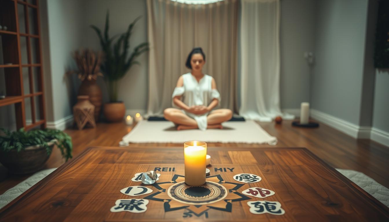 A tranquil sanctuary filled with serene energy. In the foreground, a wooden table adorned with reiki symbols, crystals, and a lit candle, casting a warm, soft glow. The middle ground features a practitioner seated in a comfortable, cross-legged position, eyes closed, hands resting gently on their lap, embodying a state of deep focus and meditation. The background showcases a minimalist, calming environment, with earthy tones and natural elements like plants or drapery, creating a sense of balance and harmony. The lighting is diffused and natural, evoking a soothing, peaceful atmosphere conducive to a successful reiki session.