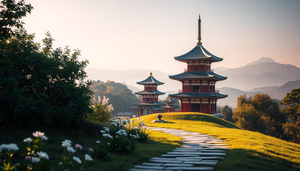 A tranquil scene depicting the history and principles of reiki. In the foreground, a serene landscape featuring a path winding through lush greenery and flowering plants. In the middle ground, a traditional japanese temple stands, its architecture embodying the ancient origins of reiki. Soft, warm lighting bathes the scene, creating a calming, meditative atmosphere. In the background, a hazy, distant mountain range symbolizes the spiritual journey and connection to nature inherent in reiki practice. The composition conveys a sense of harmony, balance, and the timeless wisdom of this healing modality. A tranquil scene depicting the history and principles of reiki. In the foreground, a serene landscape featuring a path winding through lush greenery and flowering plants. In the middle ground, a traditional japanese temple stands, its architecture embodying the ancient origins of reiki. Soft, warm lighting bathes the scene, creating a calming, meditative atmosphere. In the background, a hazy, distant mountain range symbolizes the spiritual journey and connection to nature inherent in reiki practice. The composition conveys a sense of harmony, balance, and the timeless wisdom of this healing modality.
