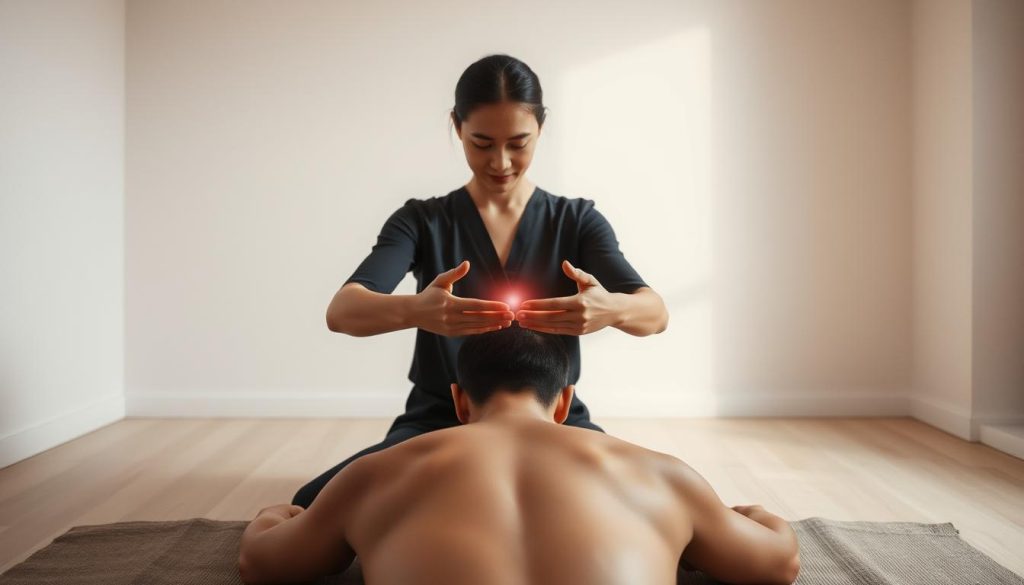 A tranquil scene of a person performing reiki, an ancient japanese energy healing technique. The practitioner's hands gently hover over the recipient's body, their auras intertwining in a soft, glowing display. The background is a serene, minimalist space, with clean lines and muted colors that create a sense of calm and focus. Subtle lighting from above casts a warm, natural glow, highlighting the connection between the two individuals and the flow of energy. The composition is balanced, with the figures occupying the center of the frame, inviting the viewer to observe and feel the profound sense of healing and well-being.