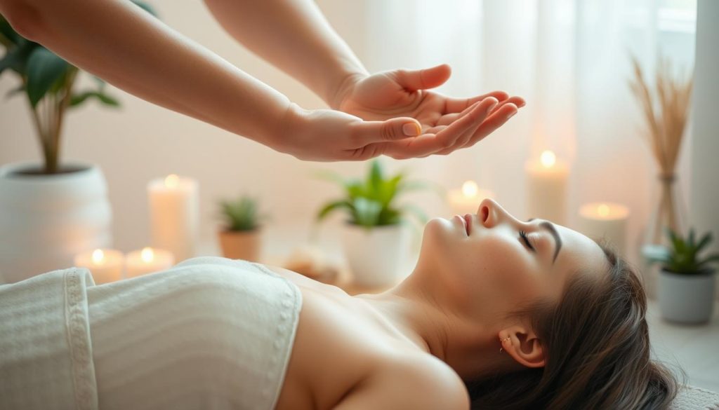 A tranquil scene of a person receiving a reiki healing session, with soft, warm lighting illuminating the serene atmosphere. The practitioner's hands hover gently over the recipient's body, channeling the universal life force energy. The recipient's eyes are closed, their expression one of deep relaxation and inner focus. In the background, a soothing, minimalist environment with natural elements like potted plants, candles, and soft, earthy tones creates a calming, meditative ambiance. The overall composition emphasizes the connection between the practitioner and the recipient, the flow of energy, and the transformative power of the reiki session.