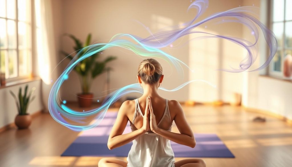 A tranquil, sunlit yoga studio with soft lighting and warm tones. In the foreground, a person in a serene yoga pose, their hands in a prayer position, energy radiating outward. Behind them, swirling wisps of reiki energy in shades of blue, green, and purple, gently flowing and intertwining. In the background, a subtle background of crystals and plants, creating a holistic, natural atmosphere. The overall scene conveys a sense of balance, harmony, and the integration of yoga and reiki for an enhanced energy flow. A tranquil, sunlit yoga studio with soft lighting and warm tones. In the foreground, a person in a serene yoga pose, their hands in a prayer position, energy radiating outward. Behind them, swirling wisps of reiki energy in shades of blue, green, and purple, gently flowing and intertwining. In the background, a subtle background of crystals and plants, creating a holistic, natural atmosphere. The overall scene conveys a sense of balance, harmony, and the integration of yoga and reiki for an enhanced energy flow.