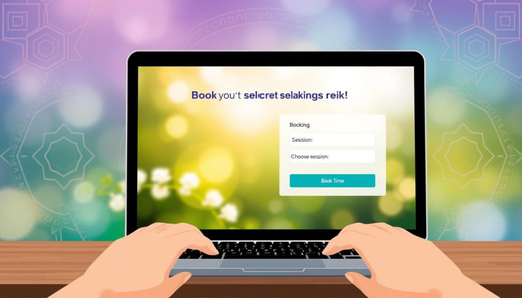 A vibrant and informative web-based illustration showcasing the intuitive steps to book a remote reiki session. In the foreground, a hands-on laptop shows the various booking options, from selecting a practitioner to choosing a session time. The middle ground features a tranquil, nature-inspired backdrop with soft, diffused lighting, conveying the calming energy of reiki. The background subtly incorporates symbolic reiki elements, such as chakra colors and geometric patterns, creating an immersive and visually engaging scene. The overall mood is one of simplicity, ease, and the empowering process of accessing remote healing modalities.