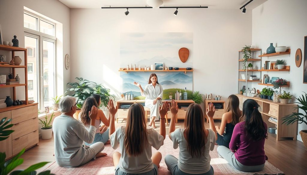 A vibrant, energetic scene of a reiki studio interior, filled with natural light and soothing energy. In the foreground, a group of students seated in a circle, palms uplifted, as a reiki master guides them through a peaceful attunement session. In the middle ground, shelves stocked with reiki supplies, crystals, and healing instruments. The background features a serene landscape mural, conveying a sense of balance and tranquility. Soft, warm lighting bathes the space, creating an inviting atmosphere conducive to spiritual growth and personal transformation. The overall composition evokes a thriving reiki business, where students come to learn, heal, and deepen their connection to the universal life force. A vibrant, energetic scene of a reiki studio interior, filled with natural light and soothing energy. In the foreground, a group of students seated in a circle, palms uplifted, as a reiki master guides them through a peaceful attunement session. In the middle ground, shelves stocked with reiki supplies, crystals, and healing instruments. The background features a serene landscape mural, conveying a sense of balance and tranquility. Soft, warm lighting bathes the space, creating an inviting atmosphere conducive to spiritual growth and personal transformation. The overall composition evokes a thriving reiki business, where students come to learn, heal, and deepen their connection to the universal life force.