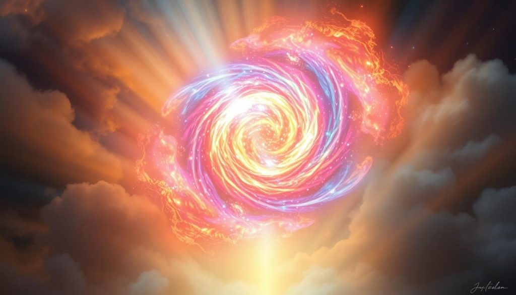 Distance reiki: a comprehensive guide to remote energy healing 1 A vibrant, swirling vortex of prismatic energy pulsing with cosmic life force, suspended in a hazy, ethereal realm. Shimmering, luminous tendrils of light emanate from the core, casting a warm, otherworldly glow across the scene. Beams of celestial radiance pierce through wispy, translucent clouds, imbuing the environment with a sense of divine transcendence. The composition is balanced, with the central energy form occupying the focal point, surrounded by an aura of mystical, transformative power. Rendered with a painterly, impressionistic style, the image evokes a profound, spiritual connection to the unseen forces that permeate the universe.