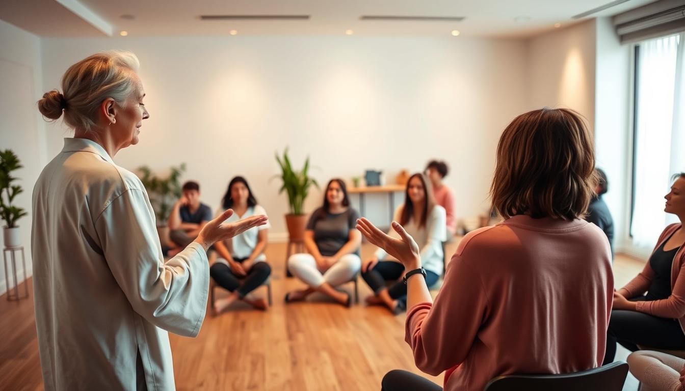 A well-lit classroom setting with a group of students attentively listening to a Reiki master demonstrating hand positions and energy flow during a reiki class. The foreground features the master standing at the front, hands outstretched, with a serene expression. The students sit in a semicircle, their bodies angled towards the teacher, eyes focused and hands resting in their laps. The middle ground shows the classroom's minimalist decor - wooden floors, white walls, and a few potted plants. The background has soft, diffused lighting, creating a calming, meditative atmosphere conducive to the practice of reiki.
