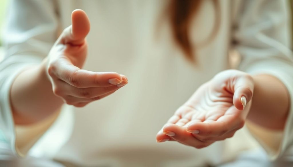Detailed close-up of reiki hand positions, with a serene and calming atmosphere. The hands are positioned in the classic reiki hand placements, with fingertips gently touching and palms slightly cupped. The lighting is soft and diffused, creating a warm, healing glow. The background is blurred and out of focus, allowing the hands to be the central focus. The image conveys a sense of tranquility, mindfulness, and the nurturing energy of reiki practice. Captured with a macro lens for maximum detail and clarity. Detailed close-up of reiki hand positions, with a serene and calming atmosphere. The hands are positioned in the classic reiki hand placements, with fingertips gently touching and palms slightly cupped. The lighting is soft and diffused, creating a warm, healing glow. The background is blurred and out of focus, allowing the hands to be the central focus. The image conveys a sense of tranquility, mindfulness, and the nurturing energy of reiki practice. Captured with a macro lens for maximum detail and clarity.